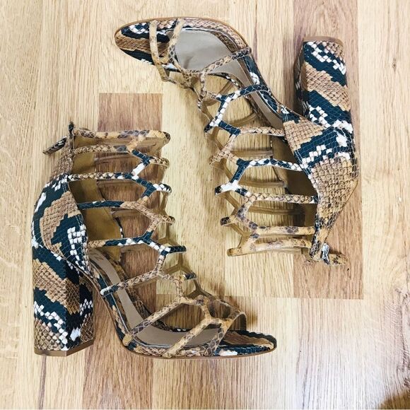 SCHUTZ Juliana Leather Caged Block Heel Sandal Snake Embossed Tan Black Size 7.5 - Picture 7 of 14